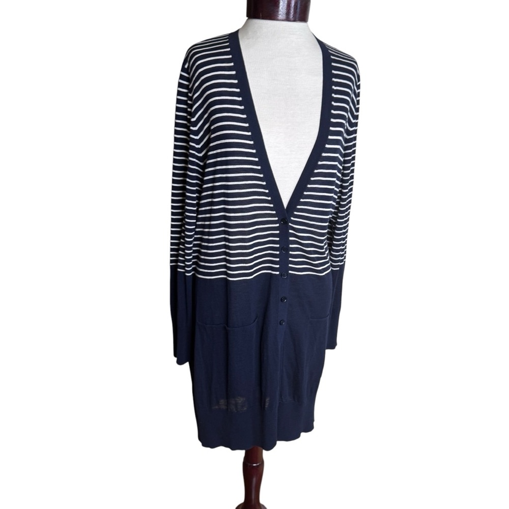 Akris Punto Navy & White Striped Long V-Neck Cardigan